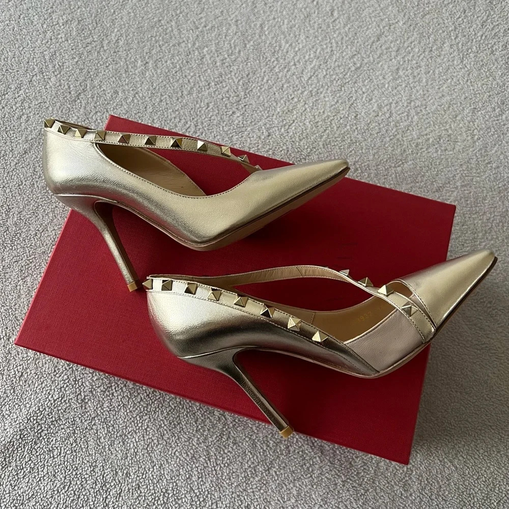 Valentino Women’s Rockstud D’Orsay Cross Strap Gold Metallic High Heels 35.5 New